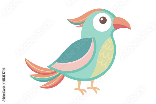 Vector illustration of a vibrant cartoon parakeet, also known as a budgie, featuring bright blue and yellow plumage with green feather detailing.