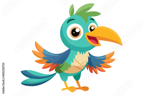 Vector illustration of a vibrant cartoon parakeet, also known as a budgie, featuring bright blue and yellow plumage with green feather detailing.