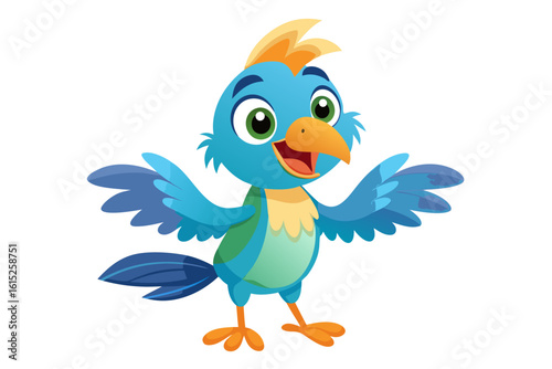Vector illustration of a vibrant cartoon parakeet, also known as a budgie, featuring bright blue and yellow plumage with green feather detailing.