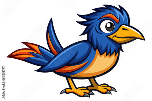 Vector illustration of a vibrant cartoon parakeet, also known as a budgie, featuring bright blue and yellow plumage with green feather detailing.