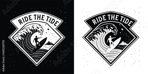 Ride the tide badge with surfer riding wave at night, vintage surf emblem illustration featuring ocean, mountain, and stars for t shirt design