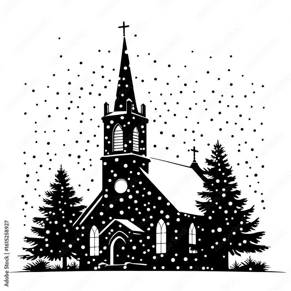 Fototapeta premium Church with Steeple Silhouette Vector for Christmas Eve Holiday Graphics