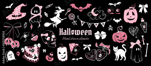 Cute Halloween clipart set in coquette pink and black style. Hand drawn elements include pumpkins, ghosts, skulls, bats, ribbons, cats, candy, potions for stickers, prints, cards and party decorations