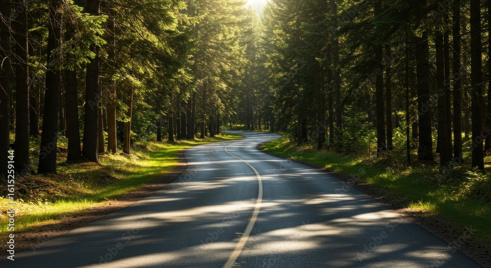 Obraz premium Curving asphalt road leads into a forest with sun filtering through tall trees casting shadows on the pavement