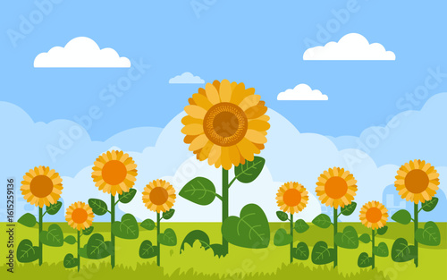 Cheerful Sunflower Field Illustration with Blue Sky and Clouds A Bright and Sunny Day in the Countryside
