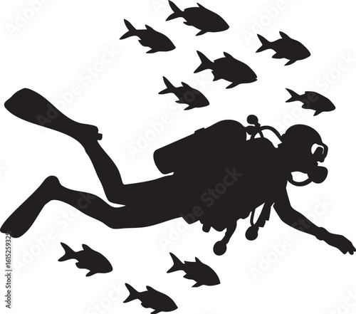 Vector Underwater Scene Featuring Scuba Diver and Marine Life in High-Contrast Silhouette Style
