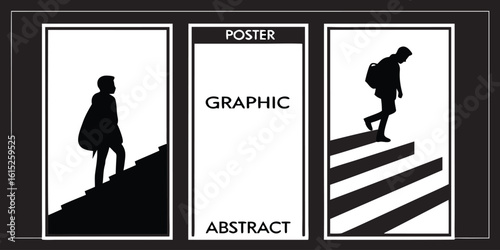 Silhouetted figures ascend and descend stark stairs in a minimalist graphic design triptych