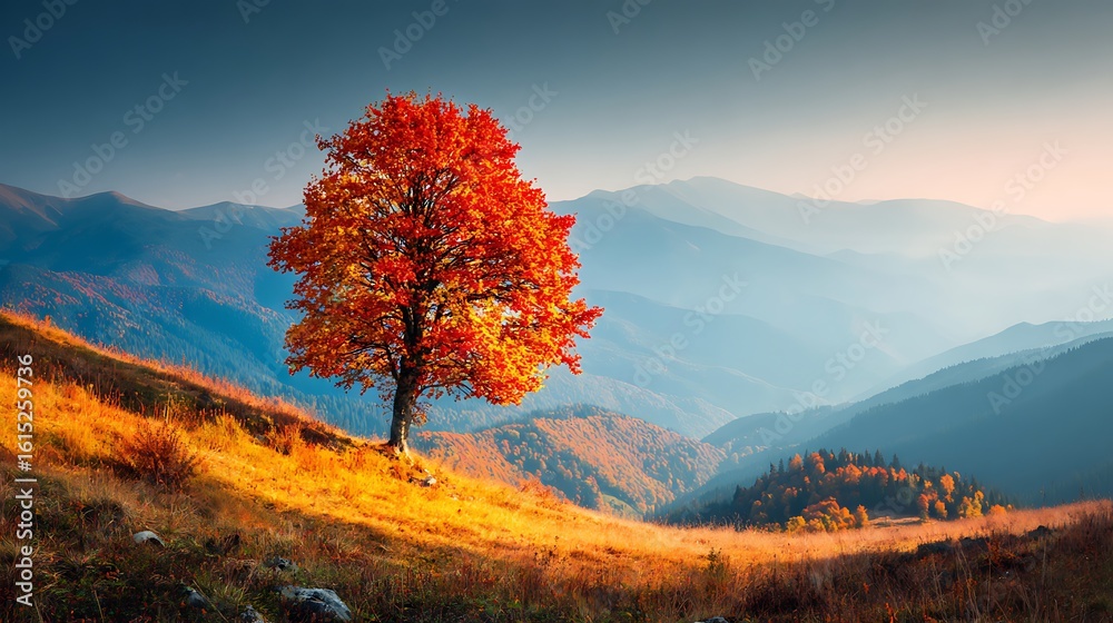 Fototapeta premium Beautiful autumn landscape with a lonely tree on the hillside.