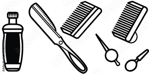 Vintage barber shop tools including straight razor comb and bottle isolated on white