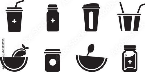 A collection of black silhouette icons for health, food, and drinks. Vector glyph set includes medicine, grocery, and lifestyle symbols.