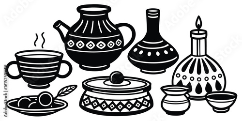 Collection of traditional ceramic pottery including teapot cups and decorative vases