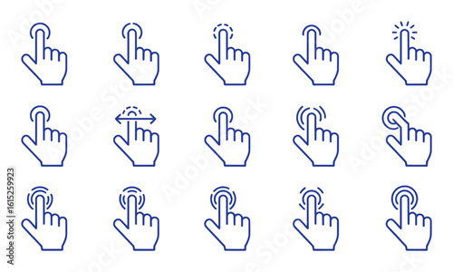 Blue hand pointer icons representing various touch gestures and interactions click