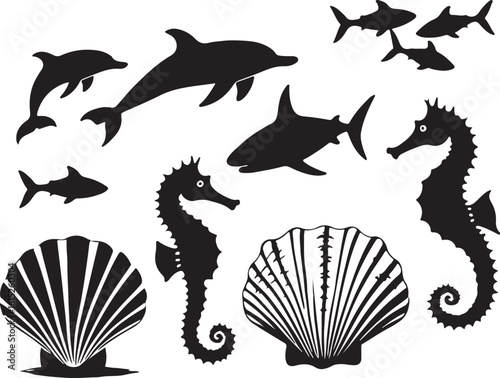 Collection of marine life silhouettes including dolphin, shark, seahorse, and shell vector icons. Aquatic animal graphic elements set.