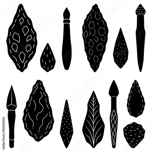 Collection of various stone tools and hand axes in black and white illustration style design set up