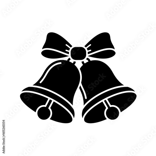 Two christmas bells with a bow in black and white silhouette