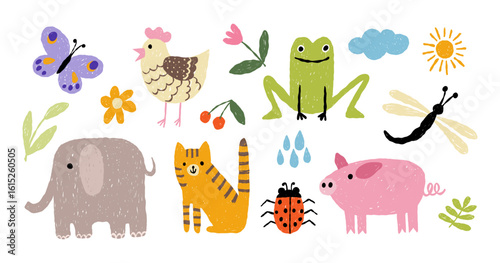 Kids drawing illustration, children naive scribble set of cute cartoon animals. Crayon sketch with frog, elephant, pig, cat, chicken, beetle and flowers with leaves