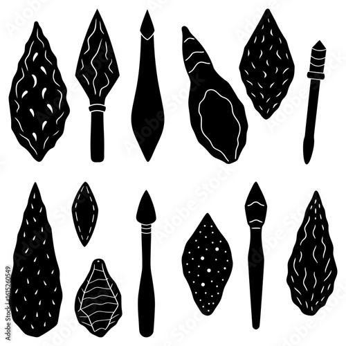 Collection of various stone age tools and arrowheads in black and white vector illustration art design