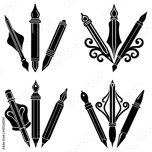 Collection of black and white writing instruments including pens and quill with decorative elements art
