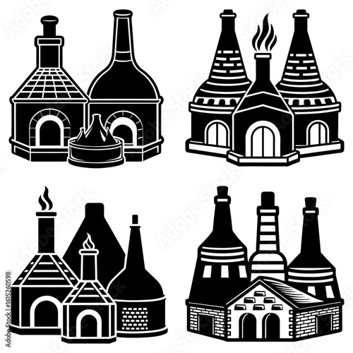 Collection of four distinct black and white illustrations of kilns and furnace structures in varied styles