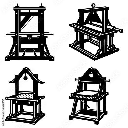 Illustration showing four different execution devices including a guillotine and other torture chairs