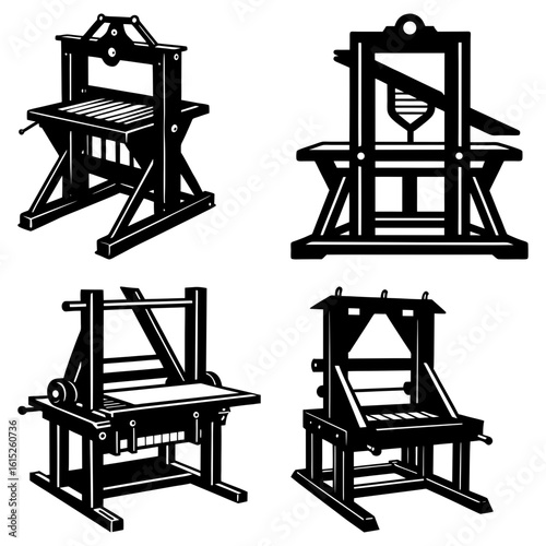 Illustration showing four different types of antique presses in black and white detailed line drawing style