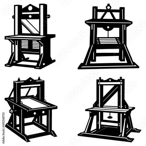 Four detailed black and white illustrations of vintage printing presses on a white background layout design