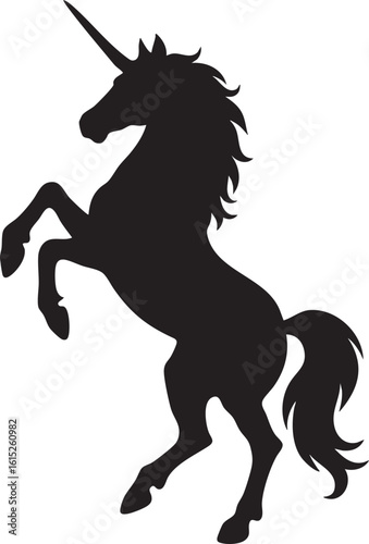 Vector Black Unicorn Silhouette in Dynamic Rearing Pose with Long Tail and Elegant Form

