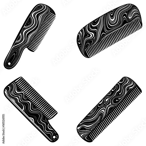 Four black and white combs with swirling patterns arranged on a plain white background in a square format