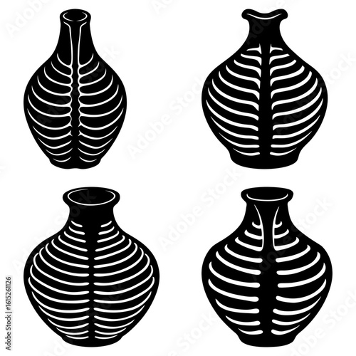 Four black vases with white rib like patterns arranged in a square on a white background design art