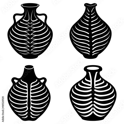 Four black and white vases with decorative patterns in a grid arrangement on a white background art