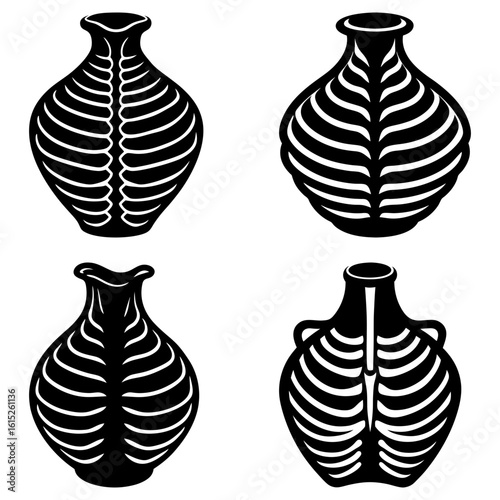 Collection of four black and white vases with ribcage designs in a grid arrangement on white background