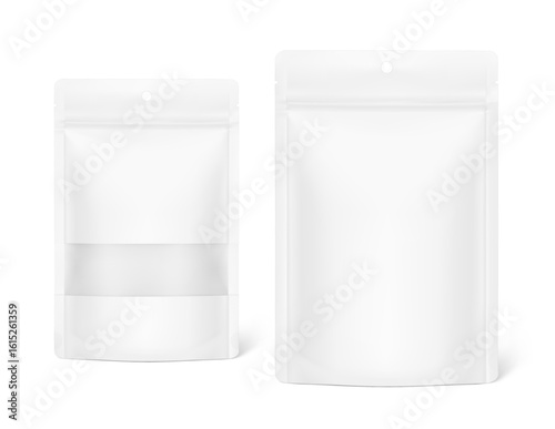Realistic stand up pouch bag with transparent window and hole slot mockup. Front view. Vector illustration isolated on white background. Ready for your design. EPS10.