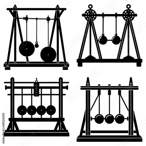 Illustration showing four different designs of newton's cradle in black and white silhouette style