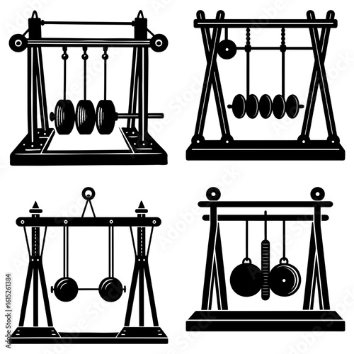 Illustration of four different newton's cradles with varying designs and hanging objects in black and white