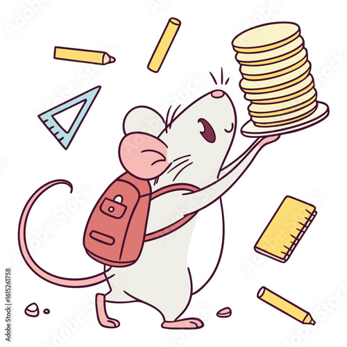Cute SVG of a Grumpy Rat in Chalkboard Fun colors, featuring balancing a stack of pancakes in a Back to school setting