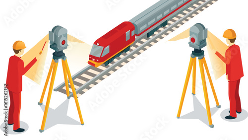 Two surveyors using surveying equipment to measure a red train on a railway track illustration