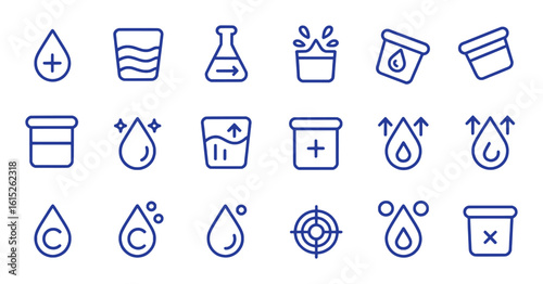 Blue liquid droplet icons and laboratory glassware symbols water clean