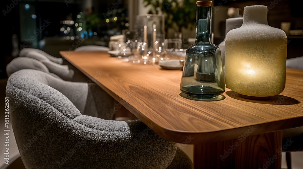 Fototapeta premium Warmly lit dining table set for a dinner party, featuring elegant chairs and decor