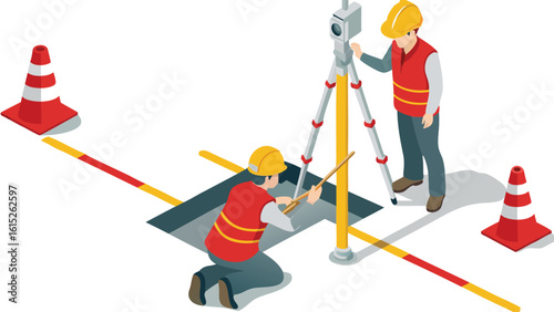 Isometric view of construction workers surveying a manhole with safety cones and measurement equipment
