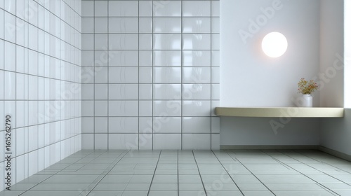 Minimalist white tiled bathroom with wall light and small countertop vase