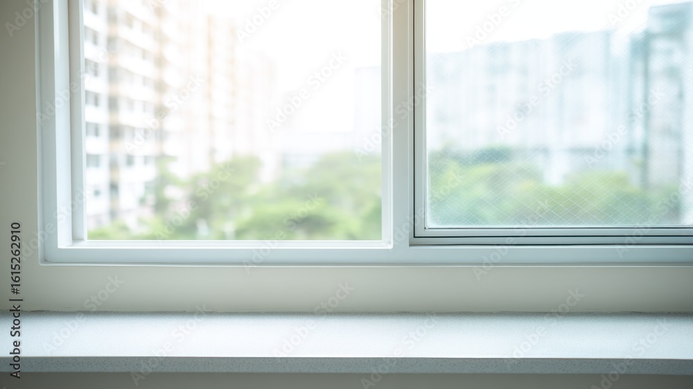 Fototapeta premium A large window frames a modern urban space with snow covered rooftops under overcast skies,