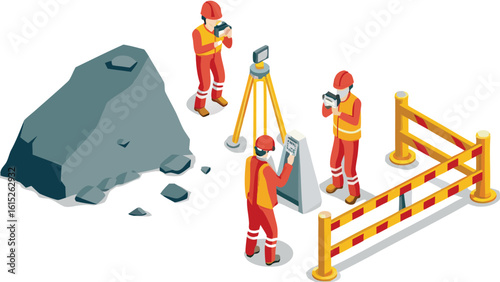Isometric view of construction workers surveying a site with equipment and safety barricades present