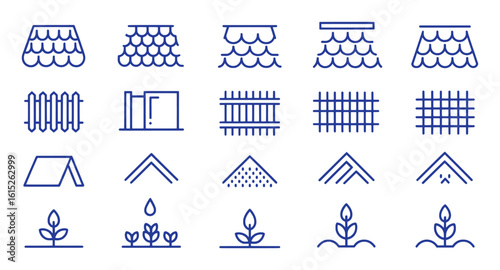 Blue Outline Icons Representing Roofing Fencing Plants And Structures shingles scales