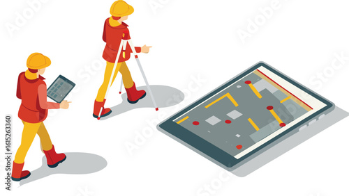 Two surveyors working with a tablet displaying a map and one with a tripod on a white background