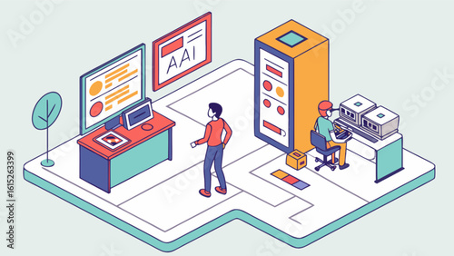 Isometric it infrastructure network server room with engineers working and managing data center systems