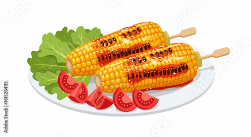 Two grilled corn cobs on skewers served on a white plate with fresh lettuce and sliced tomatoes.