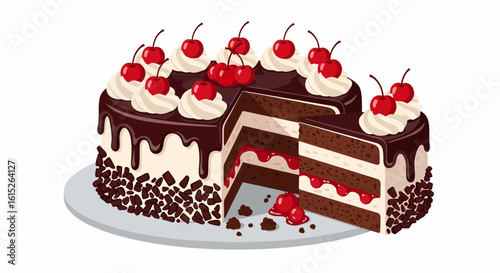 An illustrated Black Forest cake on a plate with a slice cut out, revealing layers of cream and cherry filling.