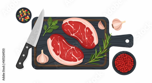 Two raw steaks prepared for cooking on a dark cutting board with garlic, herbs, and peppercorns, alongside a sharp chef's knife.