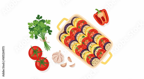 A colorful and healthy vegetable gratin dish prepared with sliced tomatoes, eggplant, and zucchini, garnished with fresh parsley and surrounded by whole toma...