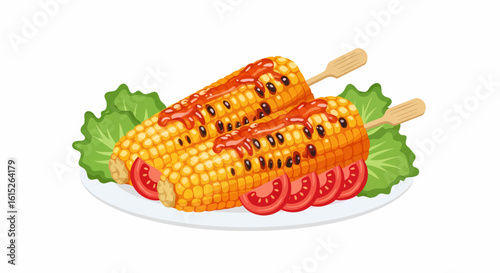 Delicious grilled corn on the cob, skewered and drizzled with spicy red sauce, presented on a plate with fresh lettuce and tomato garnish.